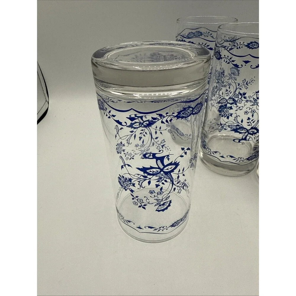 Vintage Libbey Corelle Blue Floral 1985 12 Oz Tumblers Set 4 Blue Onion Style